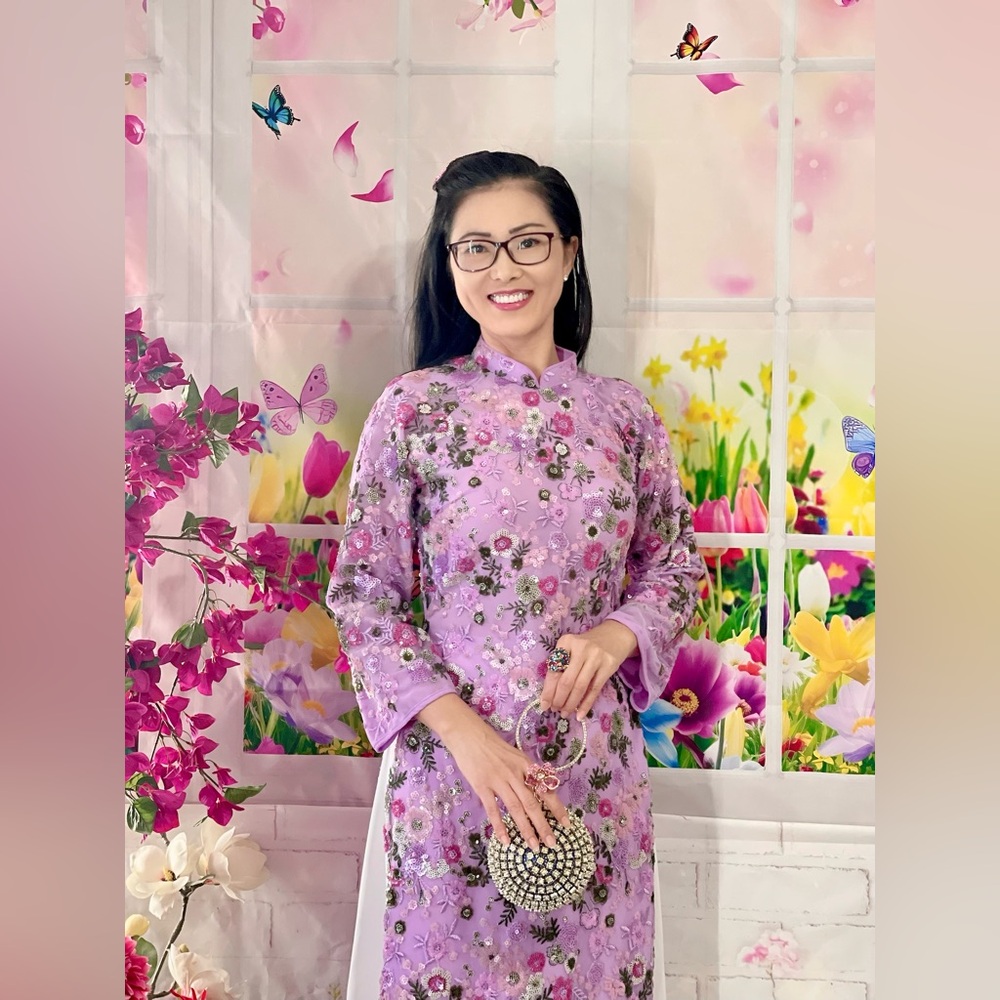 Ao dai suong kim sa sequin, Vietnamese traditional long dress set m 2 purple 🎁